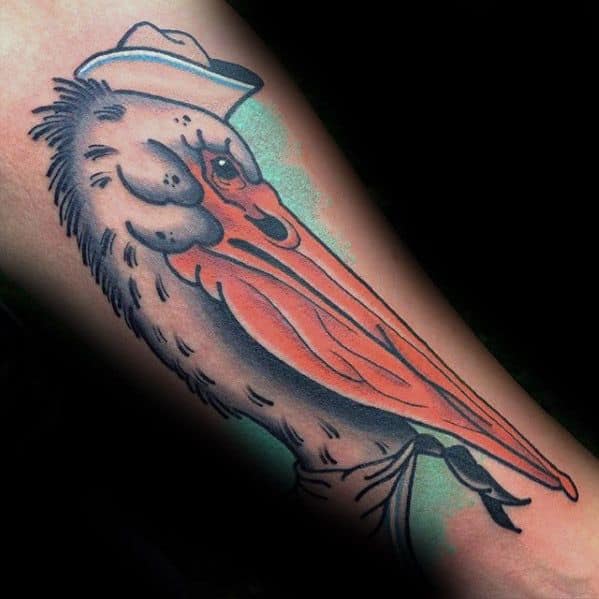 Mens Inner Forearm Tattoo With Pelican Sailor Hat Design