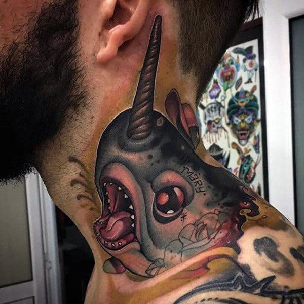 Mens Insane Narwhal Neck Tattoo With New School Design