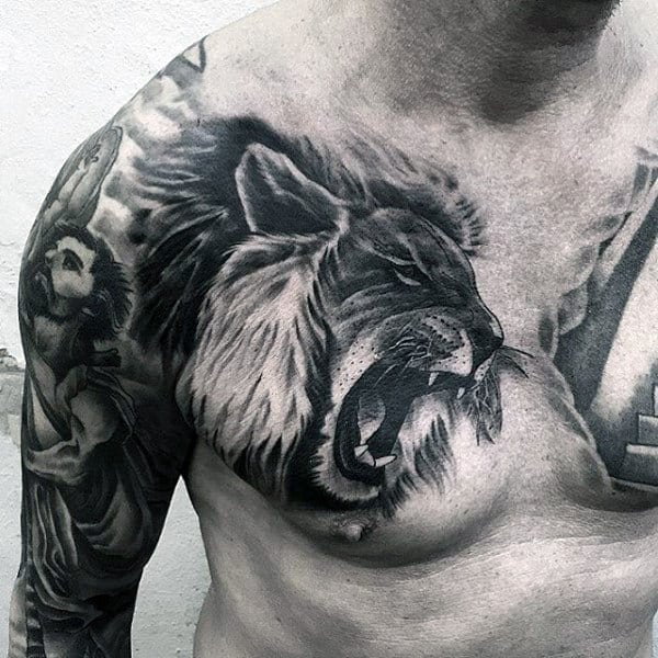 Mens Insane Roaring Lion Chest Tattoo Design Ideas