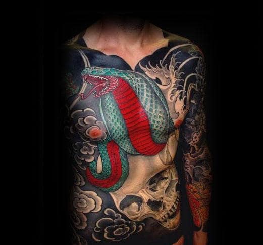Mens Japanese Cobra Snake With Skull Full Chest Tattoo