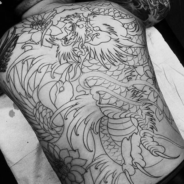 Mens Japanese Crane Black Ink Outline Dragon Full Back Tattoo
