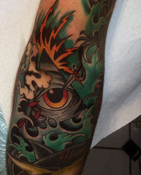 Mens Japanese Elbow Tattoos With All Seing Eye