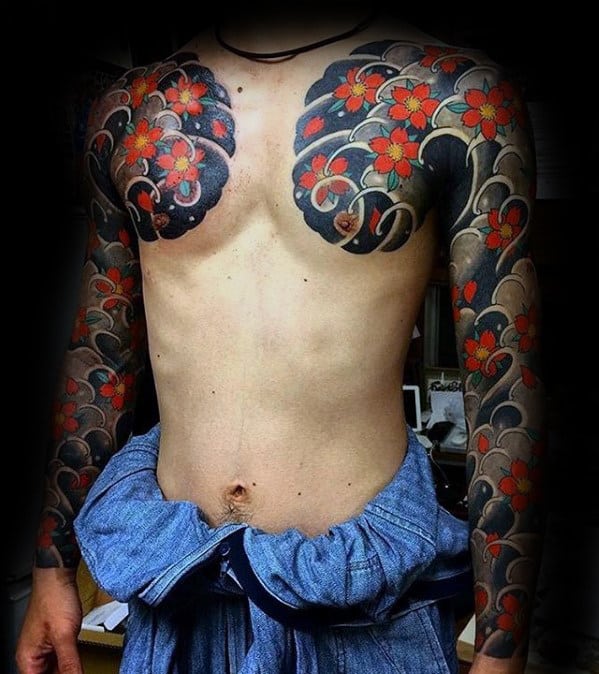 Mens Japanese Flower Chest And Sleeve Tattoo Ideas