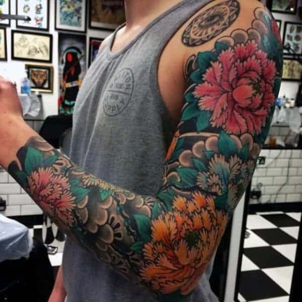 mens-japanese-flower-themed-full-sleeve-tattoo-inspiration