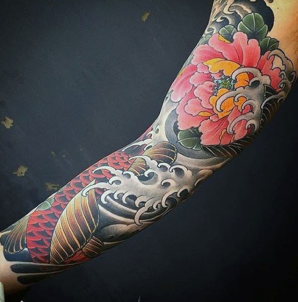 Mens Japanese Flower With Koi Fish And Wave Half Sleeve Tattoo