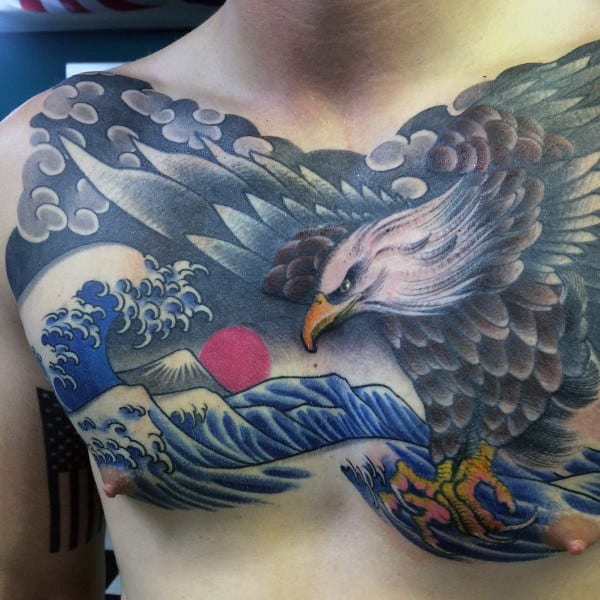 Mens Japanese Ocean Waves Eagle Chest Tattoo