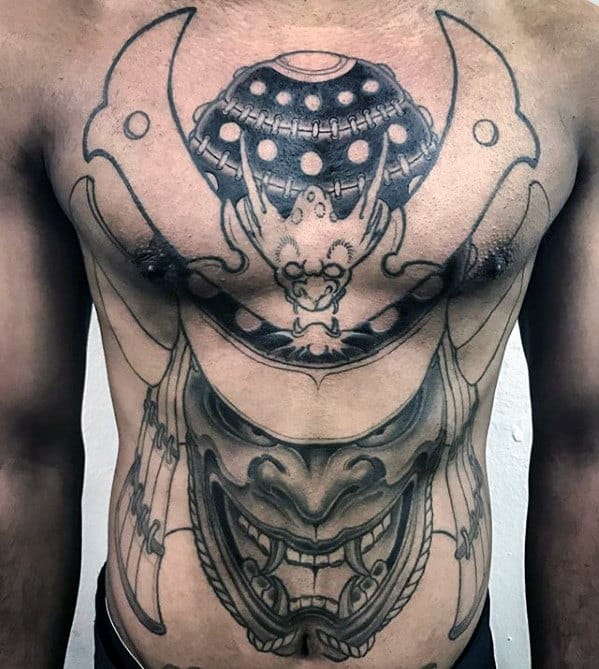 Mens Japanese Samuari Helmet With Demon Mask Chest Tattoo