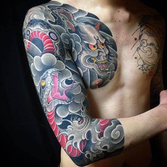 Mens Japanese Snake And Demon Mask With Clouds Half Sleeve Tattoos