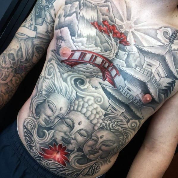 Mens Japanese Themed Full Chest Temple Tattoo Ideas
