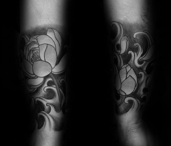 Mens Japanese Water Lily Forearm Quarter Sleeve Shaded Tattoos