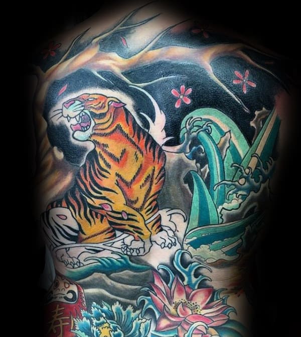 Mens Japanese Waterfall Tiger Back Tattoo