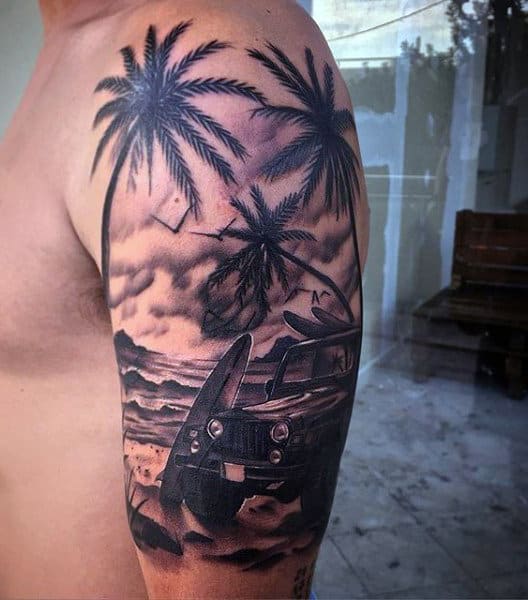 Mens Jeep Beach Tattoo On Upper Arm With Palm Trees