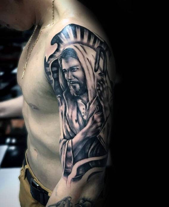 Mens Jesus Shepherd Design Tattoo On Arm