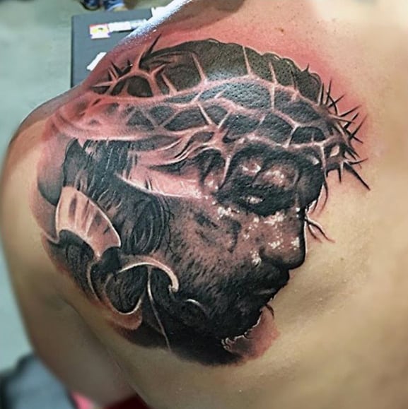 Mens Jesus With Crown Of Thorns Upper Back Shoulder Tattoo