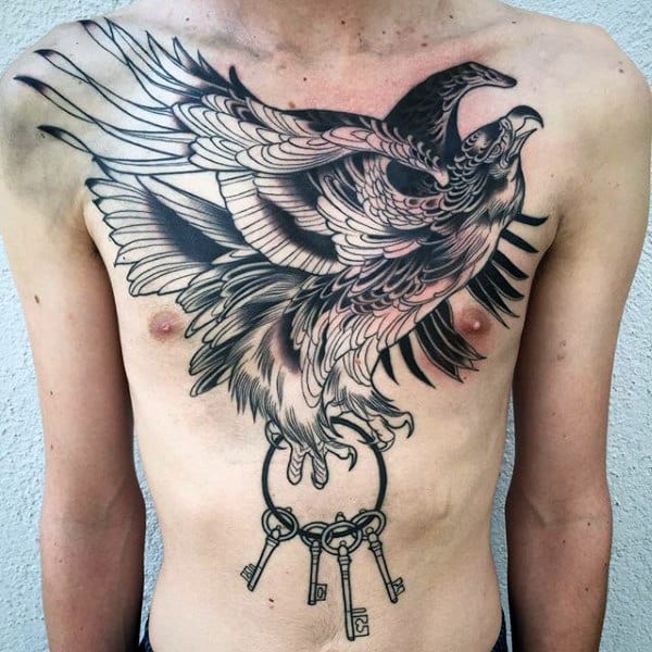 Mens Key Tattoo On Chest With Flying Bird