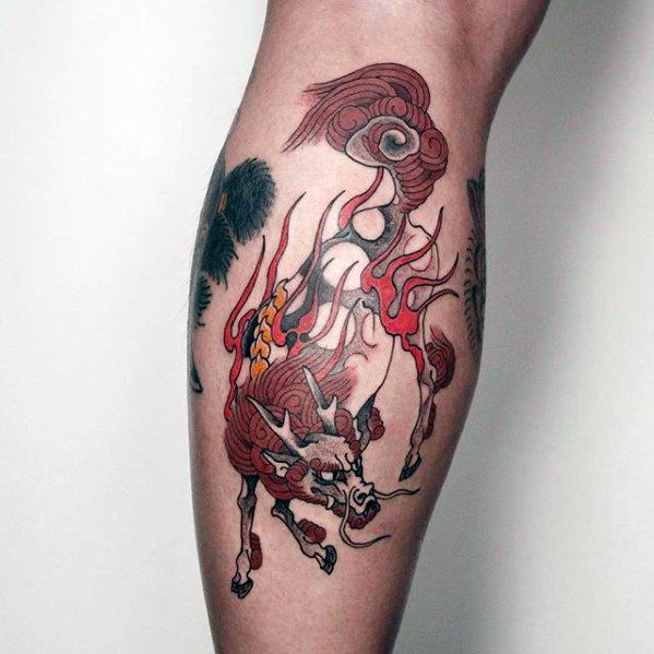 Mens Kirin Tattoo Design Ideas On Leg Calf