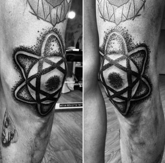 Mens Knee Black Ink Negative Space Atom Tattoo Designs