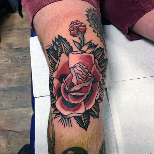 Mens Knee Cap Red Rose Flower Traditional Tattoo Design Ideas
