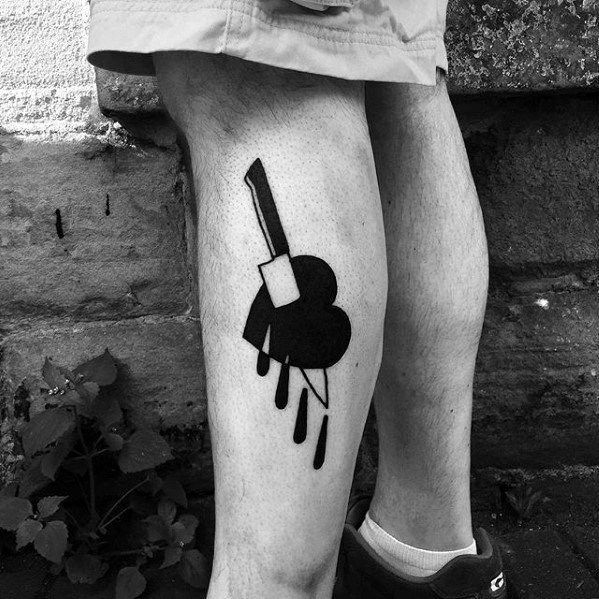 Mens Knife Through Heart Simple Leg Tattoos