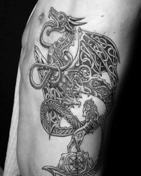 Mens Knots Celtic Dragon Rib Cage Side Tattoos