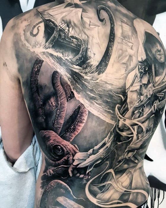 Mens Kraken Full Back Cool Tattoo Design Ideas