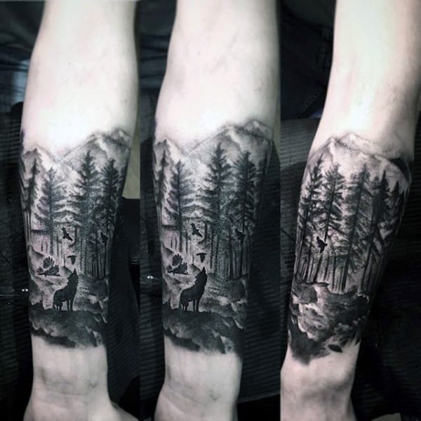 Mens Landscape Forest Inner Forearm Tattoo Designs