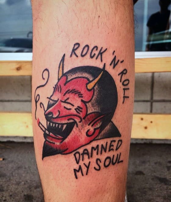 Mens Laughing Devil Traditional Rock N Roll Themed Leg Tattoo