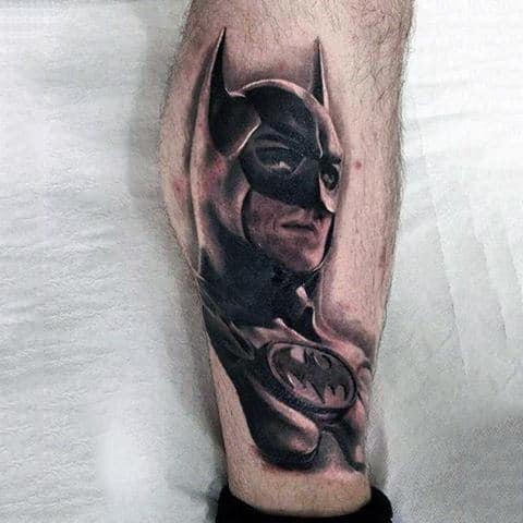 Mens Leg Calf Black Ink Shaded Batman Tattos