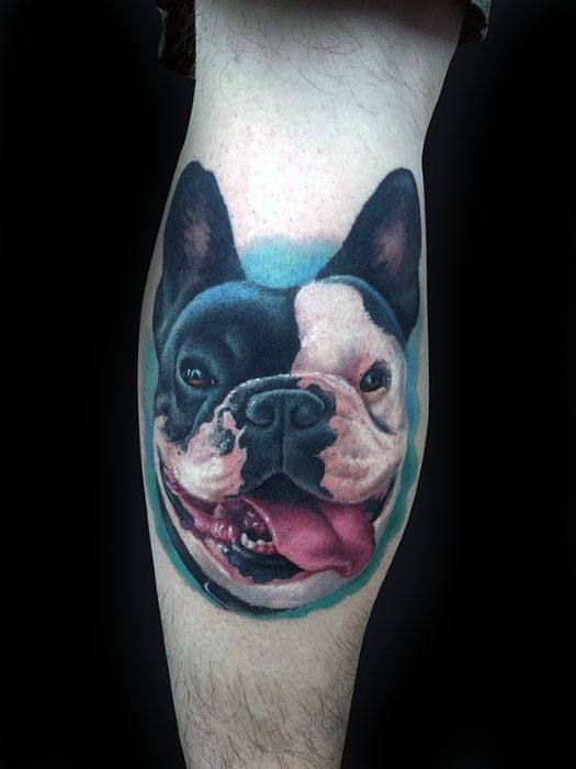 Mens Leg Calf French Bulldog Realistic 3d Tattoo Design Ideas