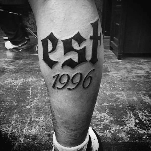 Mens Leg Calf Old English Est 1996 Tattoo.