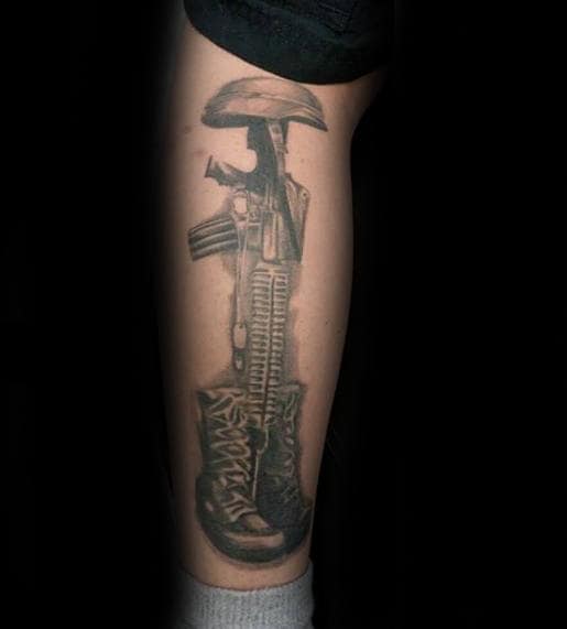 Mens Leg Fallen Soldier Tattoo Inspiration With Cross Deisgn