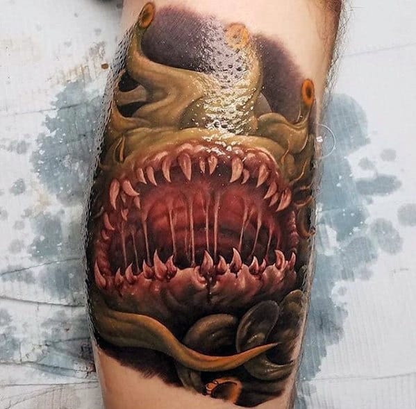 mens leg final fantasy malboro tattoo with realistic design