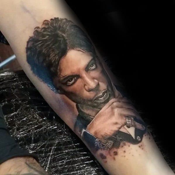 Mens Leg Portrait Of Musician Prince Tattoo Design Ideas