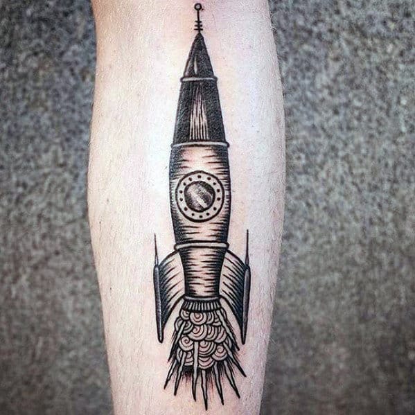 Mens Leg Rocket Ship Shaded Traditional Tattoo Design