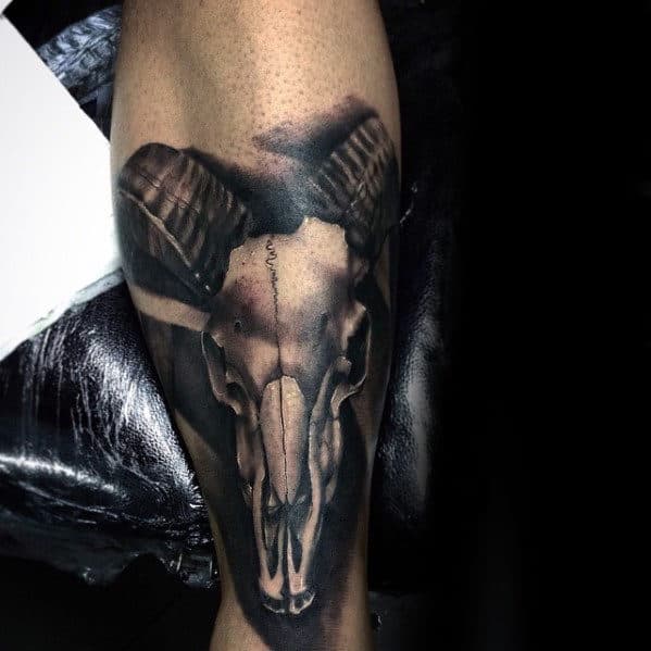 Mens Leg Shin Shaded Goat Skull Tattoo Inspiration