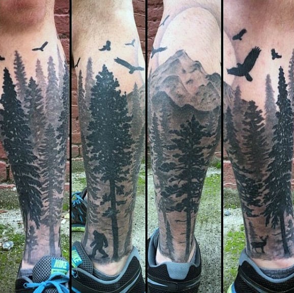 Mens Leg Sleeve Forest With Bigfoot Tattoo