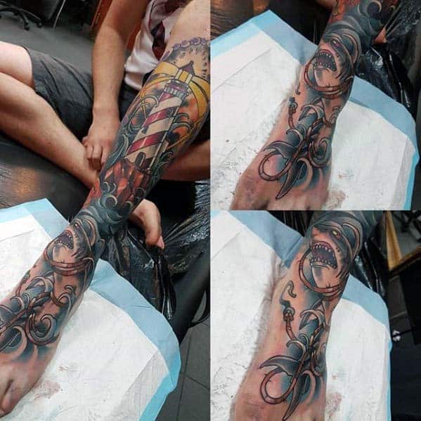 Mens Leg Sleeve Nautical Themed Old School Tattoos