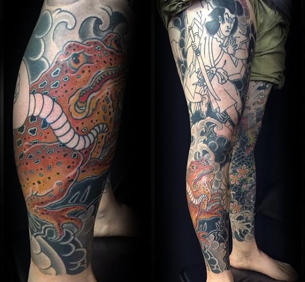 Mens Leg Sleeve Orange Frog Japanese Tattoo Designs