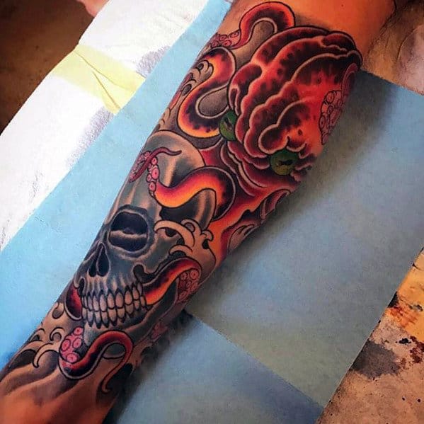 Mens Leg Sleeve Retro Octopus Tattoos