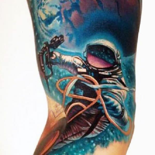Mens Legs Azure Blue Space And Astronaut Tattoo