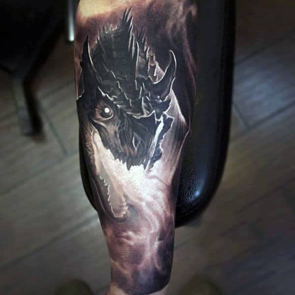 Mens Legs Black And White Tattoo Of Fiery Dragon