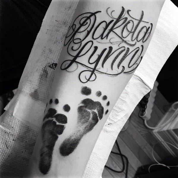 Mens Lettering Name Footprint Forearm Tattoos