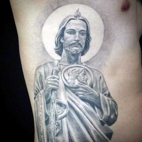 Mens Light Grey Shaded St Jude Rib Cage Side Tattoo With Realistic Design