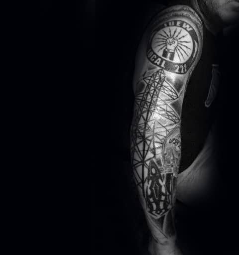 Mens Lineman Ibew Themed Full Sleeve Tattoo Inspiration