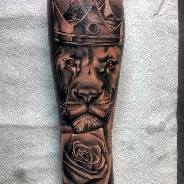 Mens Lion Crown Sleeve Tattoo Designs