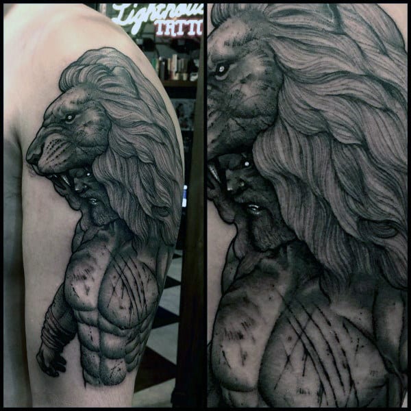 Mens Lion Mythological Hercules Tattoo On Upper Arm