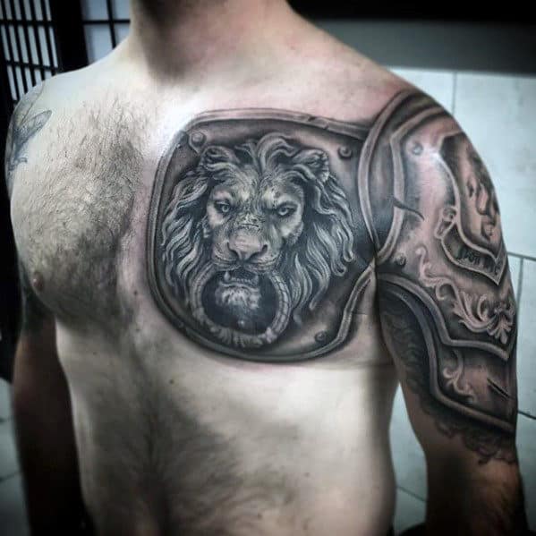 Mens Lion Shoulder Armor Plate Tattoo Designs