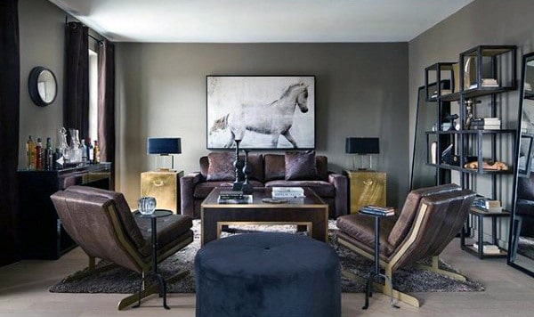 brown living room with horse painting