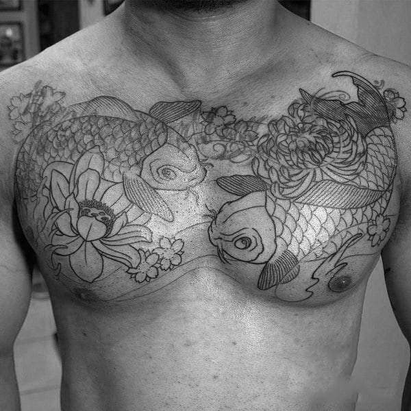 Mens Lotus Flower Kio Fish Chest Tattoos