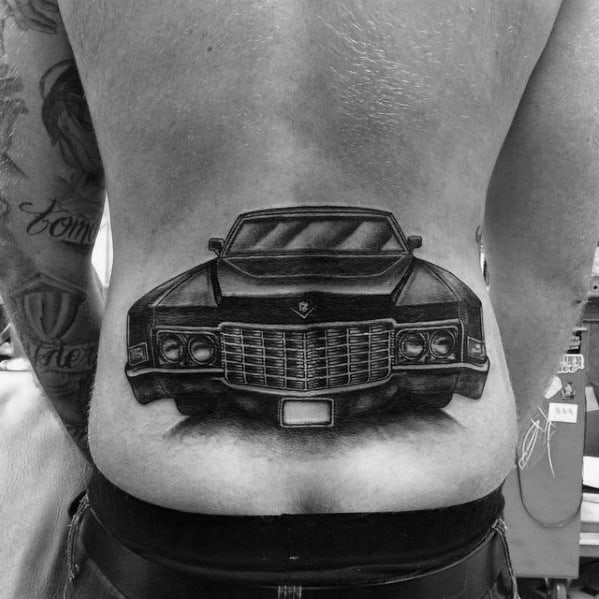 Mens Lower Back Cadillac Sedan Tattoo Ideas